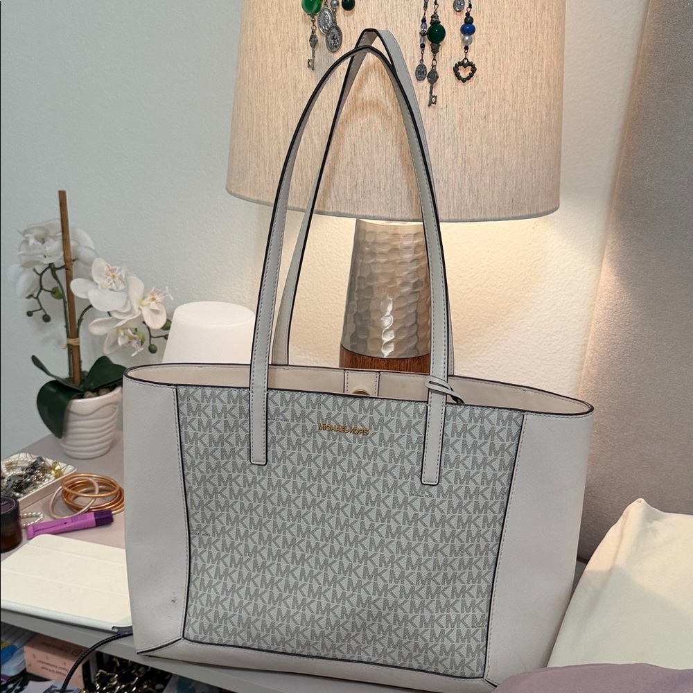 Michael Kors Cream and Light Gray Signature MK Tote